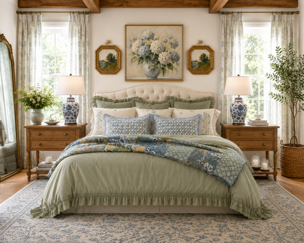 The Collected Sage & Blue Cottage Bedroom