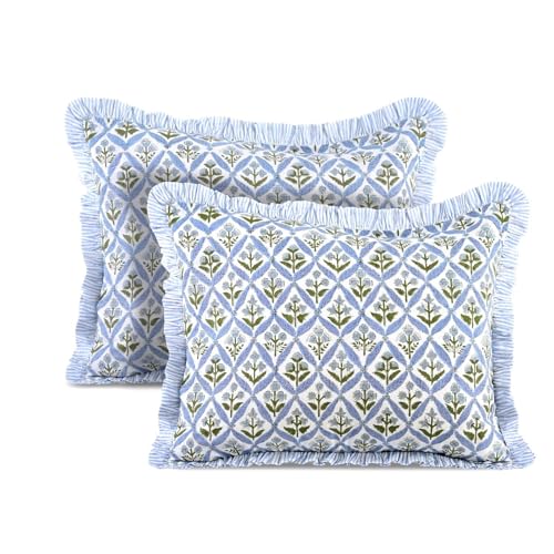 Steel Blue Block Print Ruffle Pillow Shams