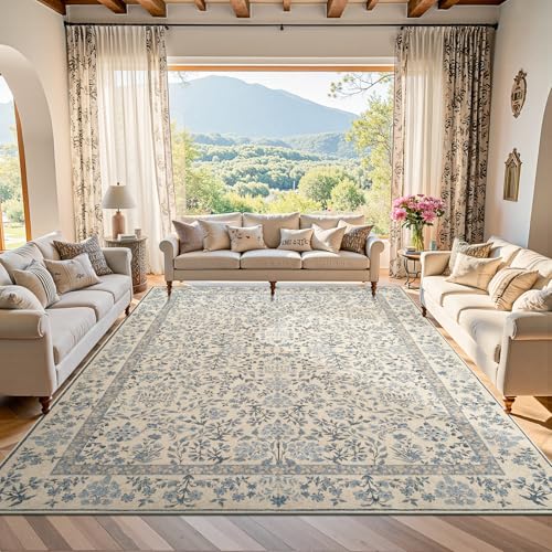 Blue & Cream Vintage Floral Washable Area Rug