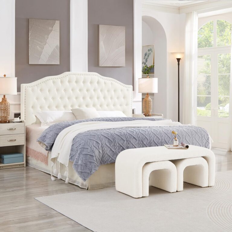 4KF Upholstered Button Tufted King Size Headboard with Nailhead Trim