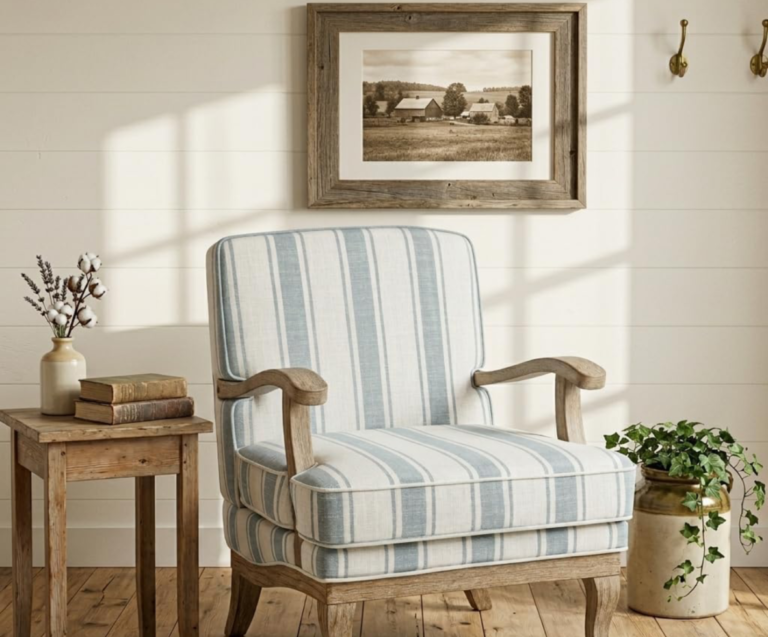 Blue Farmhouse Striped Accent Chair