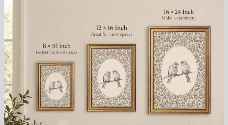 Two Birds Sketch Gold Framed Vintage Floral Wall Art 10×8 Inch